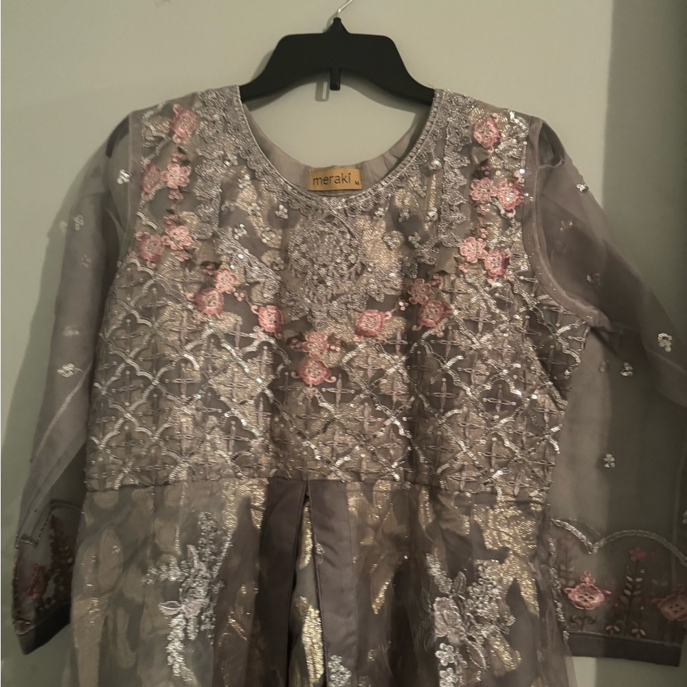 Meraki Embroidered Dress - Gray and Pink